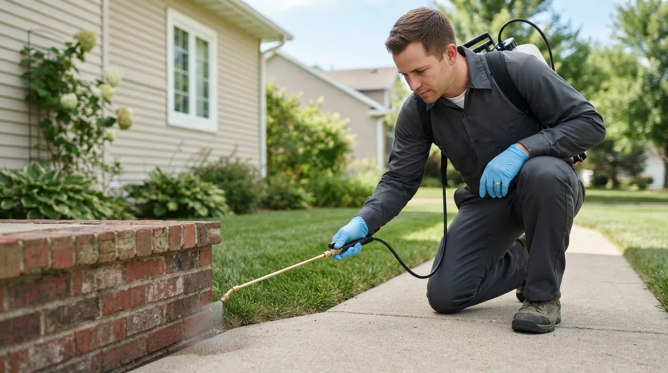 Pest control technician treating a home near Nahma, MI